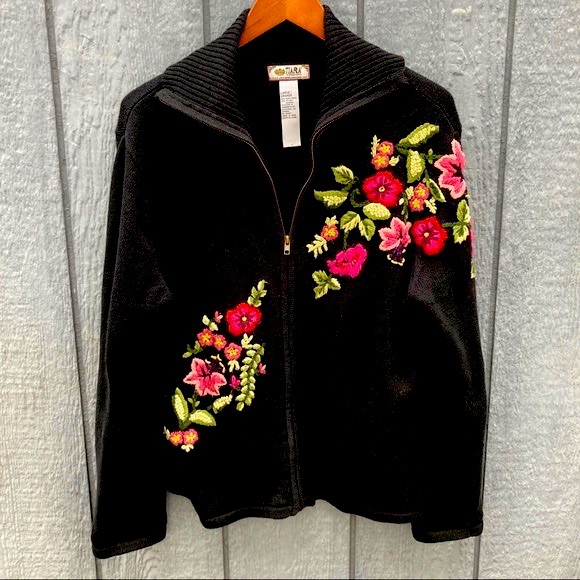 Vintage Tiara International Ramie Extended Collar Embroidered Floral Jacket - Picture 1 of 5